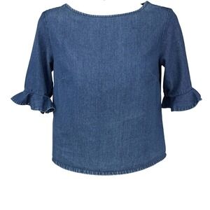 NOÉMIAH Designer Canada Blue Denim Ruffle Bell Sleeve Boat Neck Blouse‎ Top S